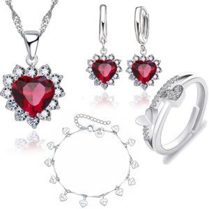 💎 Heart 925 Sterling Silver Necklace Earrings Bracelet Ring Adjustable Set